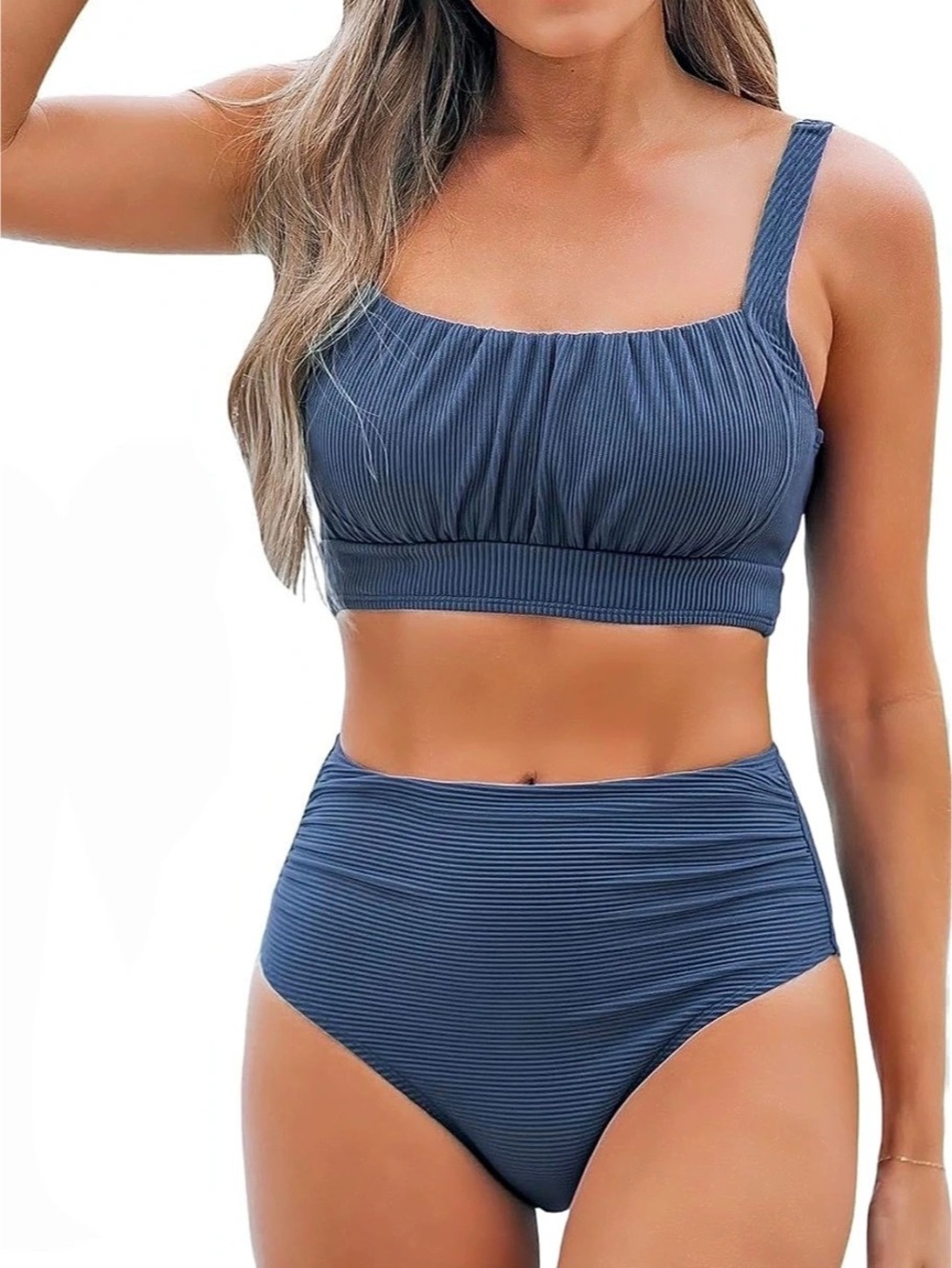 Cupshe Ribbed High Waist Bikini Set Blue Size Small NWT